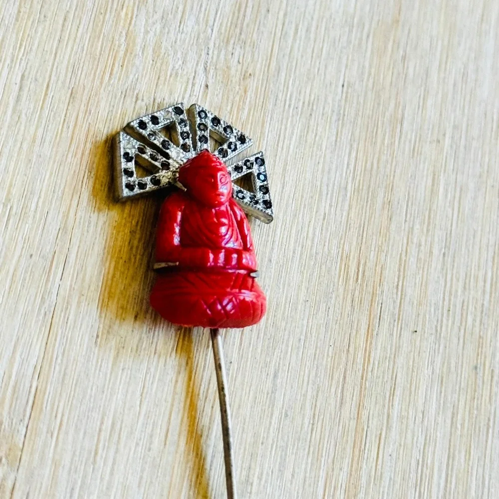 Buddha Faux Coral Glass Jabot Stick Pin VTG Antique Paste Rhinestone Art Deco
